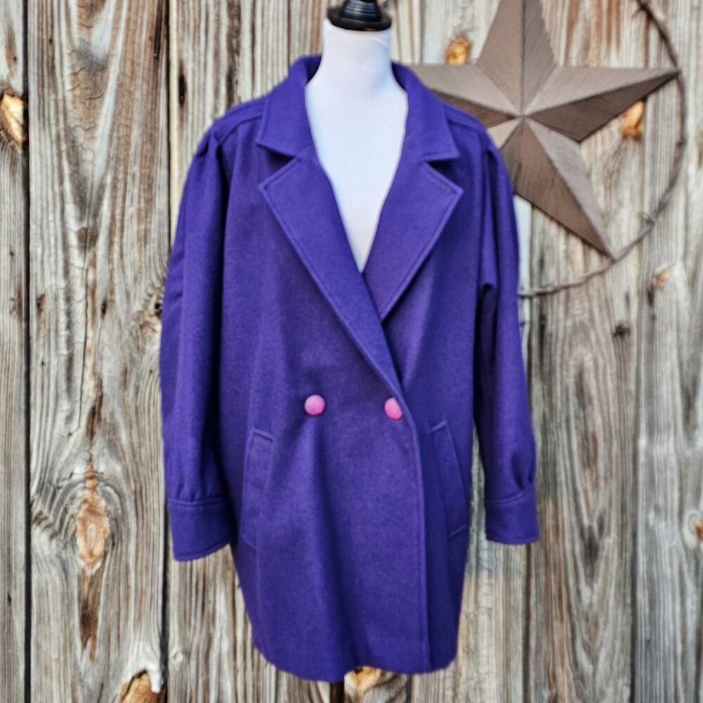 VTG Purple Pea Coat Wool Blend Double Breast Jacket Pockets Vintage USA Size 16